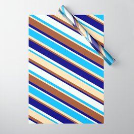 [ Thumbnail: Vibrant Deep Sky Blue, Beige, Sienna, Blue, and Mint Cream Colored Lines/Stripes Pattern Wrapping Paper ]