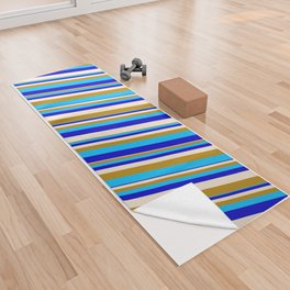 [ Thumbnail: Beige, Dark Goldenrod, Deep Sky Blue & Blue Colored Stripes Pattern Yoga Towel ]