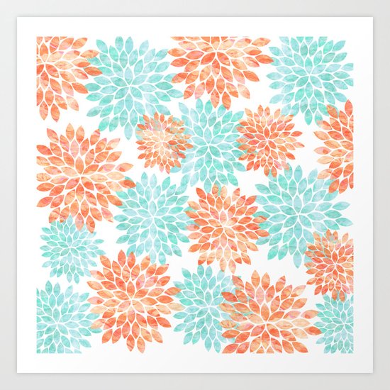 aqua and coral flowers Art Print