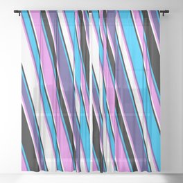 [ Thumbnail: Deep Sky Blue, Dark Slate Blue, Violet, White & Black Colored Lines/Stripes Pattern Sheer Curtain ]
