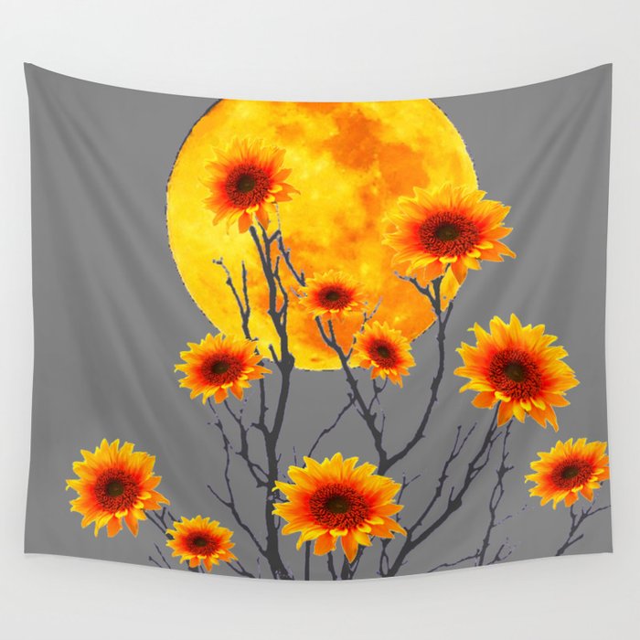Red Gold Color Fantasy Sunflowers  Flowers Moon  Art Wall Tapestry