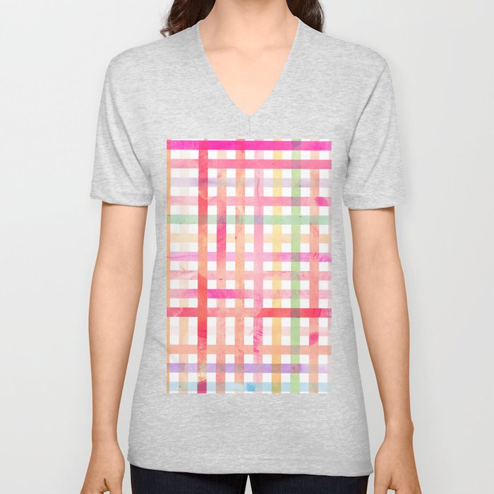 Abstract teal pink lavender watercolor geometrical plaid V Neck T Shirt