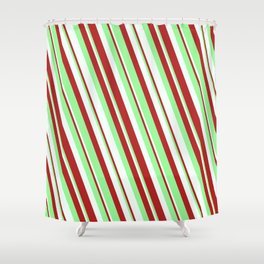[ Thumbnail: Mint Cream, Red & Green Colored Lined Pattern Shower Curtain ]