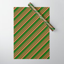 [ Thumbnail: Red and Dark Green Colored Stripes Pattern Wrapping Paper ]