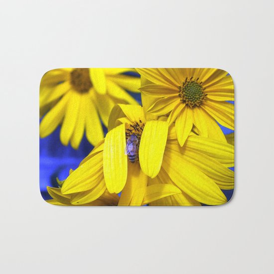 Yellow Sunflowers, Blue Bee Bath Mat