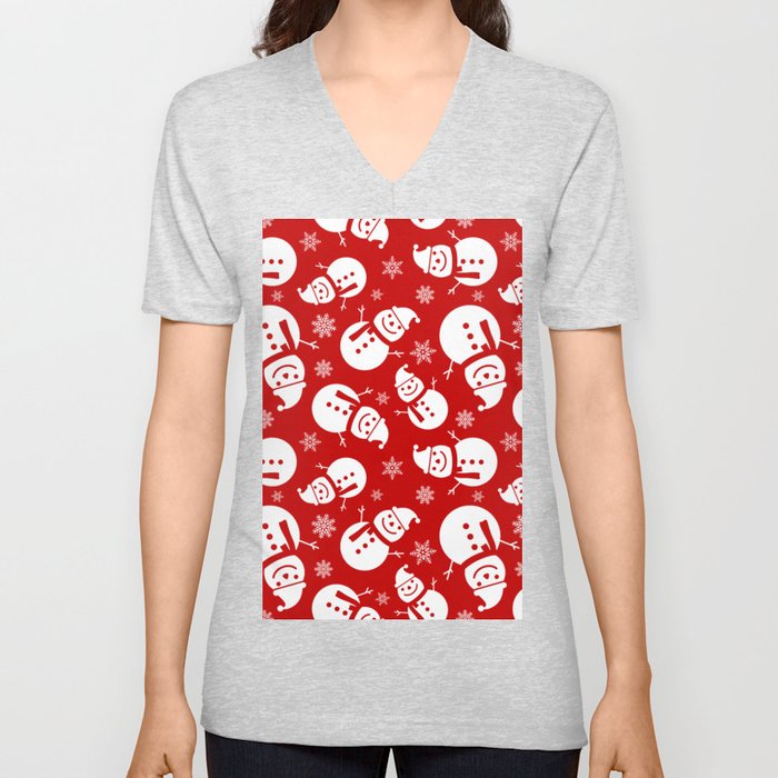 Christmas Pattern Red White Snowman Snowflake V Neck T Shirt