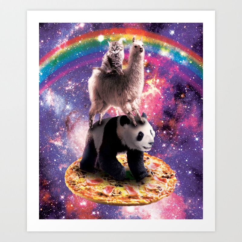 space cat llama panda riding pizza art print by randomgalaxy