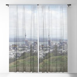 New Zealand Photography - Sky Tower Seen From  A Grassy Hill Sheer Curtain