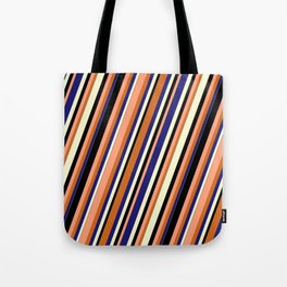 [ Thumbnail: Vibrant Light Salmon, Chocolate, Midnight Blue, Light Yellow, and Black Colored Stripes Pattern Tote Bag ]