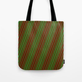 [ Thumbnail: Forest Green and Maroon Colored Lines/Stripes Pattern Tote Bag ]