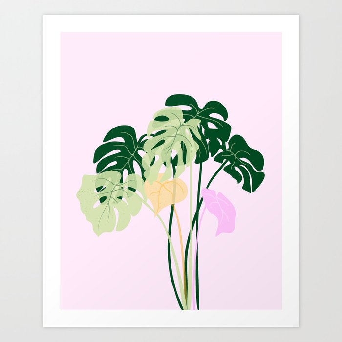monstera plant on pink background Art Print