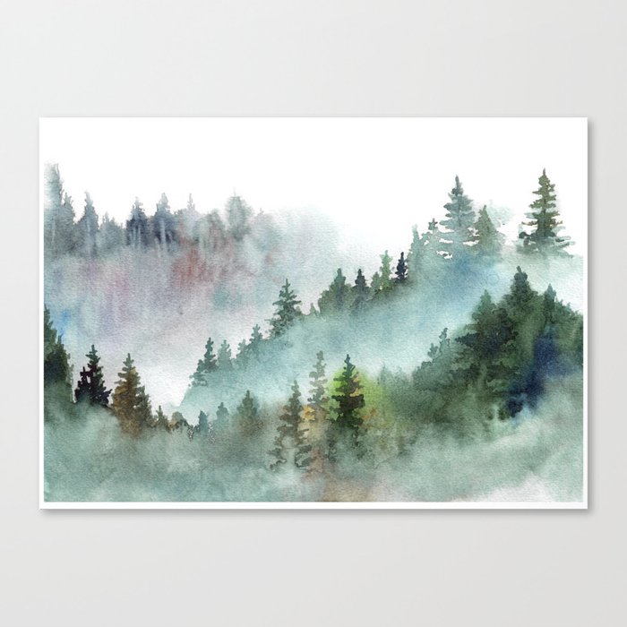 Watercolor Pine Forest Mountains in the Fog Leinwanddruck
