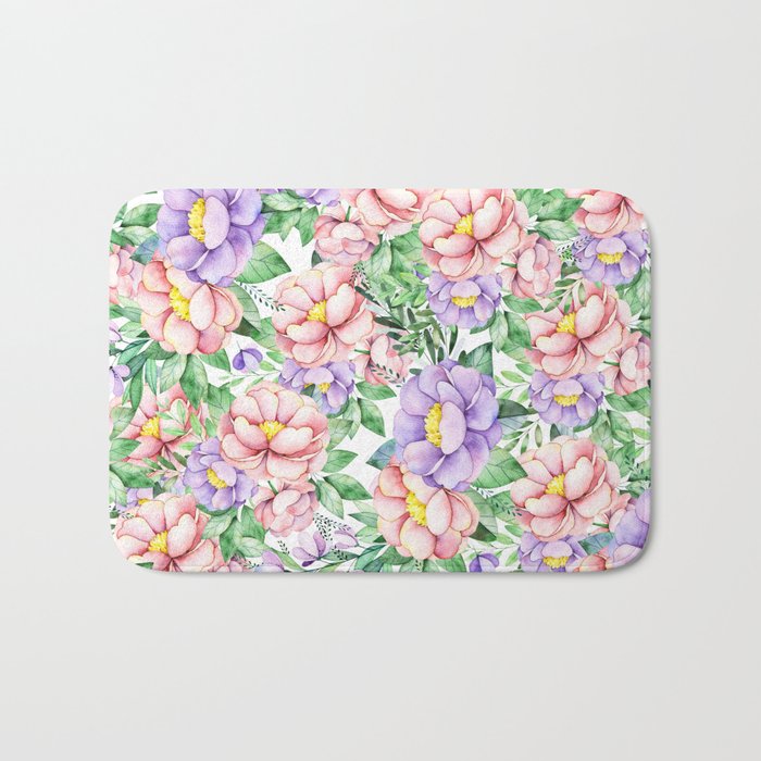 Hand painted lavender coral green watercolor floral Bath Mat