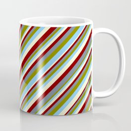[ Thumbnail: Maroon, Slate Gray, Green, Light Sky Blue, and Light Yellow Colored Stripes/Lines Pattern Coffee Mug ]