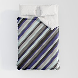 [ Thumbnail: Vibrant Grey, Light Cyan, Dim Grey, Black, and Midnight Blue Colored Striped/Lined Pattern Duvet Cover ]