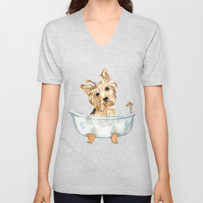 Yorkie Yorkshire Terrier taking bath watercolor V Neck T Shirt