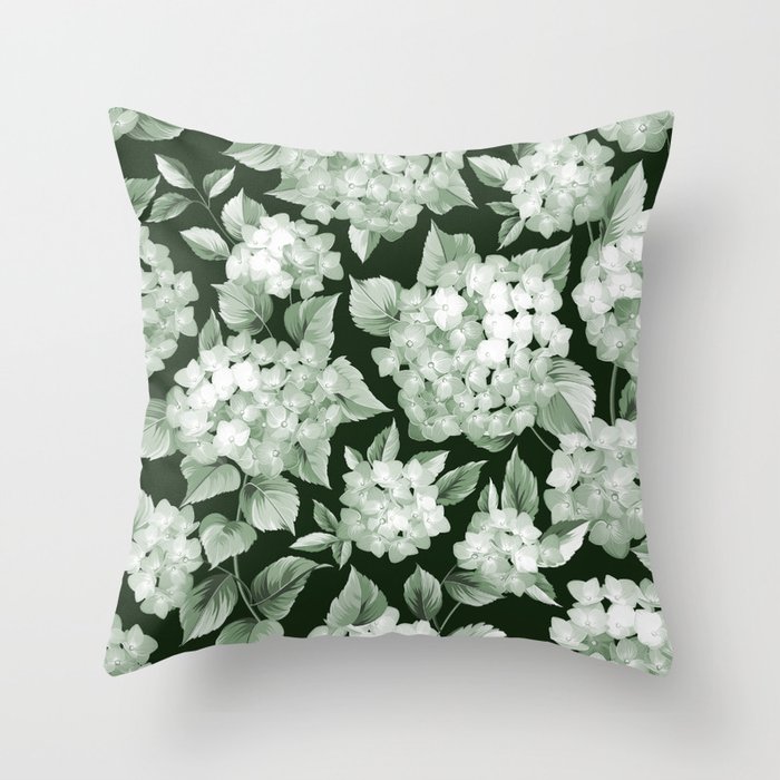 Green Hydrangea Larger Pattern Throw Pillow