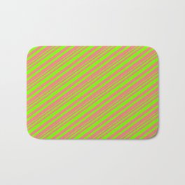 [ Thumbnail: Light Coral & Green Colored Striped Pattern Bath Mat ]