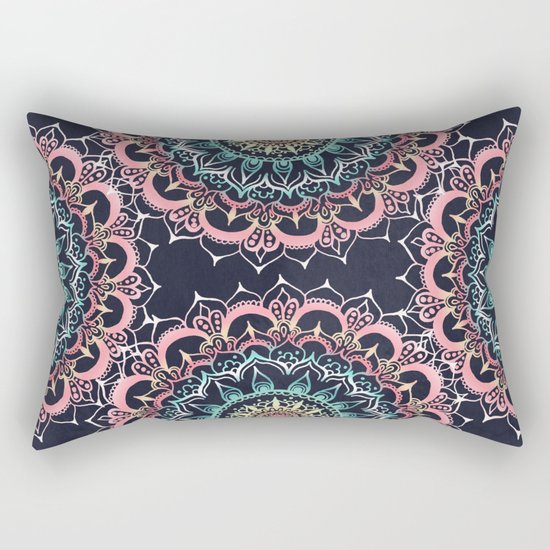 Pink, Cream & Soft Turquoise Glow Medallion on Navy Rectangular Pillow