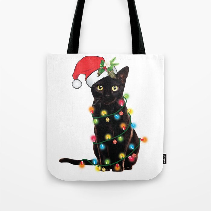 Santa Black Cat Tangled Up In Lights Christmas Santa Graphic Tote Bag