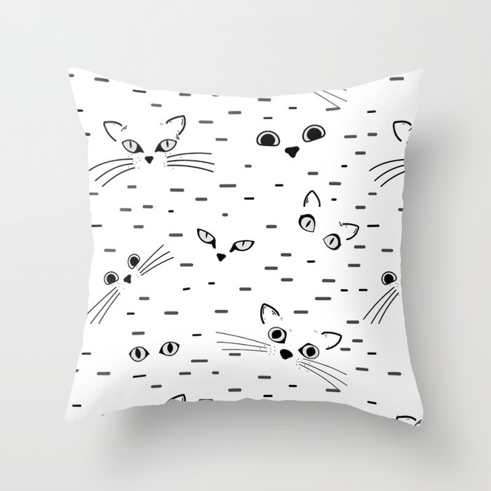 Cat eyes and faces line art pattern Throw Pillow