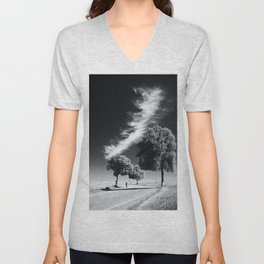 The road less travels; streaks of clouds and trees with lone figure on lonely Tuscan road travel black and white zen photograph - photography - photographs V Neck T Shirt