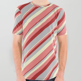 [ Thumbnail: Light Yellow, Light Coral, Red, and Grey Colored Lines/Stripes Pattern All Over Graphic Tee ]