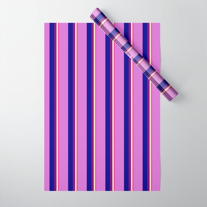 Deep Pink, Beige, Purple, Dark Blue, and Orchid Colored Stripes Pattern Wrapping Paper