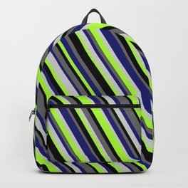 [ Thumbnail: Colorful Midnight Blue, Light Gray, Light Green, Black, and Dim Grey Colored Stripes/Lines Pattern Backpack ]