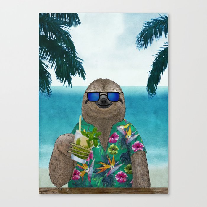 Sloth on summer holidays drinking a mojito Canvas Print