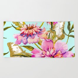 Flowery nature and golden butterfly Beach Towel