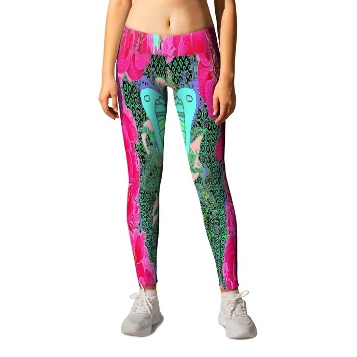 Turquoise Butterfly Pink geraniums Floral Abstract Pattern Leggings
