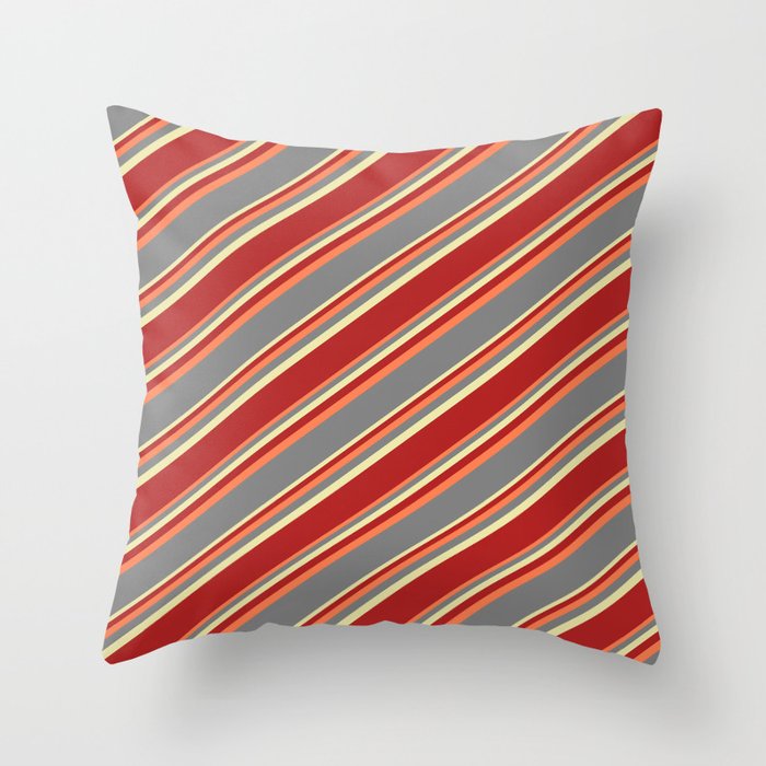 Coral, Grey, Pale Goldenrod, and Red Colored Striped Pattern Throw Pillow