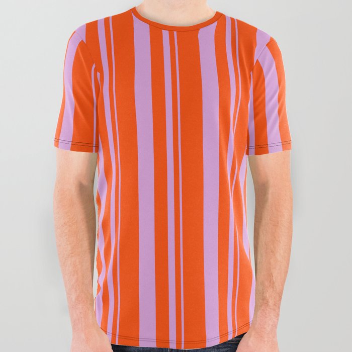 Plum and Red Colored Lined/Striped Pattern All Over Graphic Tee