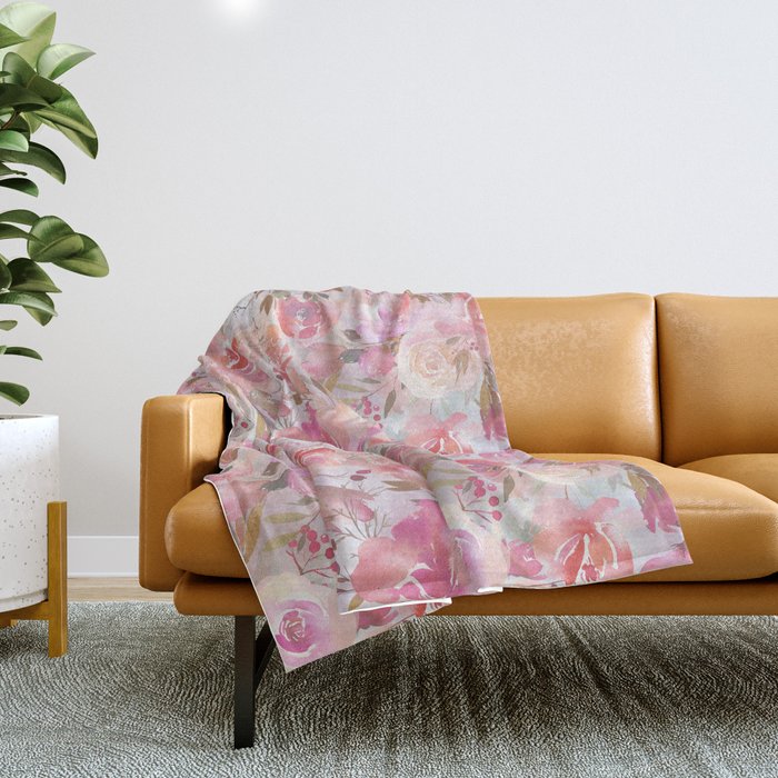 Blush pink lilac hand painted watercolor roses floral Throw Blanket