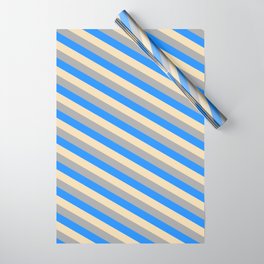 [ Thumbnail: Tan, Dark Grey, and Blue Colored Pattern of Stripes Wrapping Paper ]