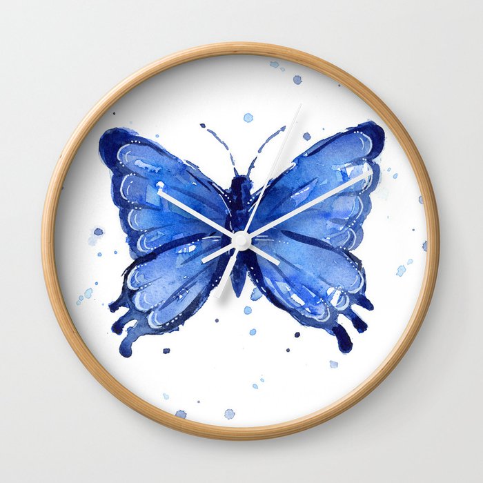 Butterfly Blue Watercolor Animal Painting Wall Clock By Olechka