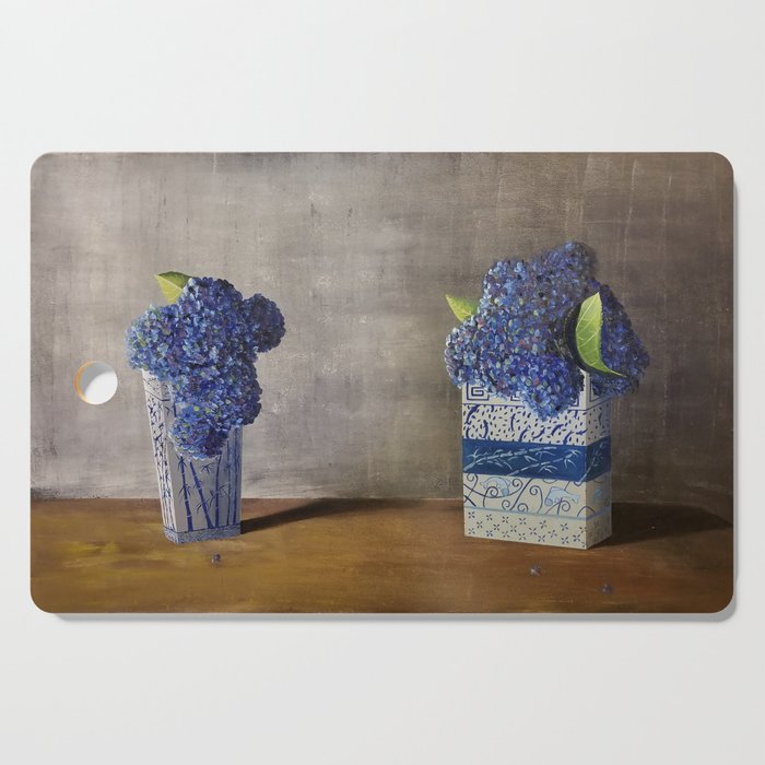 Blue Hydrangeas in Unique Chinese Vases Cutting Board