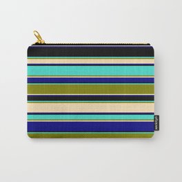 [ Thumbnail: Turquoise, Green, Beige, Blue & Black Colored Striped/Lined Pattern Carry-All Pouch ]