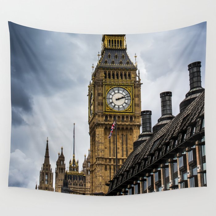 Great Britain Photography - Big Ben Under The Gray Rain Clouds Wall Tapestry