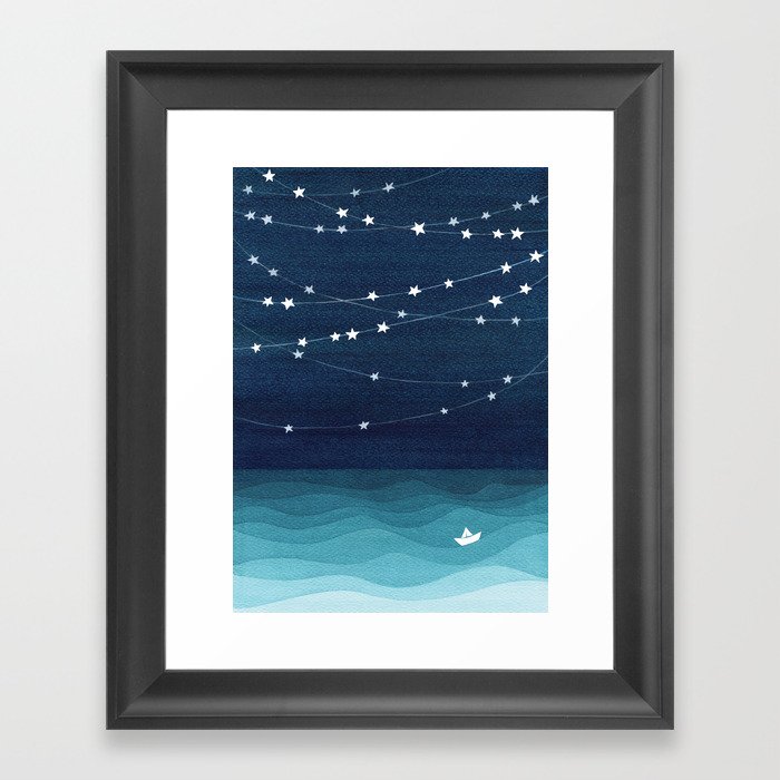 Garlands of stars, watercolor teal ocean Framed Art Print
