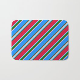 [ Thumbnail: Crimson, Powder Blue, Blue & Green Colored Pattern of Stripes Bath Mat ]