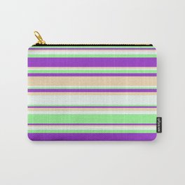 [ Thumbnail: Dark Orchid, Tan, Mint Cream, and Green Colored Stripes Pattern Carry-All Pouch ]