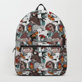 Geo spring animal party // green grey linen texture background brown aqua mint orange and neon red details Backpack