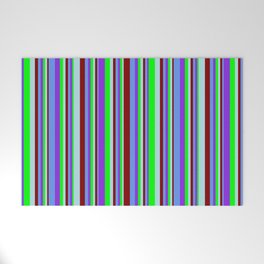 [ Thumbnail: Vibrant Maroon, Powder Blue, Lime, Purple & Cornflower Blue Colored Striped Pattern Welcome Mat ]