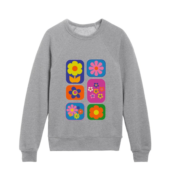 Retro Flower Patch Cute Colorful Groovy Vintage Aesthetic Flowers on Green Kids Crewneck
