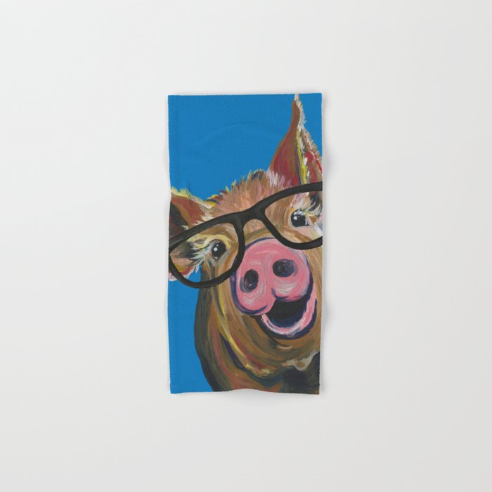 Pig With Glasses Blue Pig Painting Hand Bath Towel By Leekeller