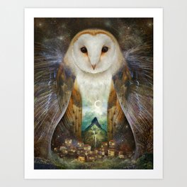 Owl, Mountain, Moon Art Print