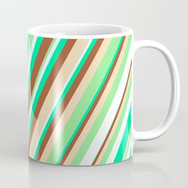 [ Thumbnail: Eye-catching Green, Sienna, Tan, Light Green, and Mint Cream Colored Striped/Lined Pattern Coffee Mug ]