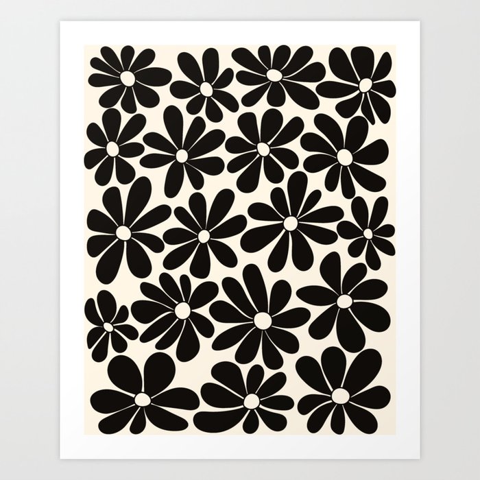 Retro Groovy Black & White Flowers Art Print